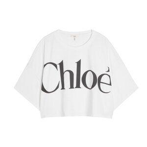 Chloe Logo Cropped Boxy Top T Shirt Womens Large XL White Black Short Sleeve Tee